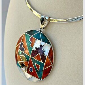 Peruvian 950 Sterling Silver Pendant | Circular Mosaic Inlay with Natural Stones